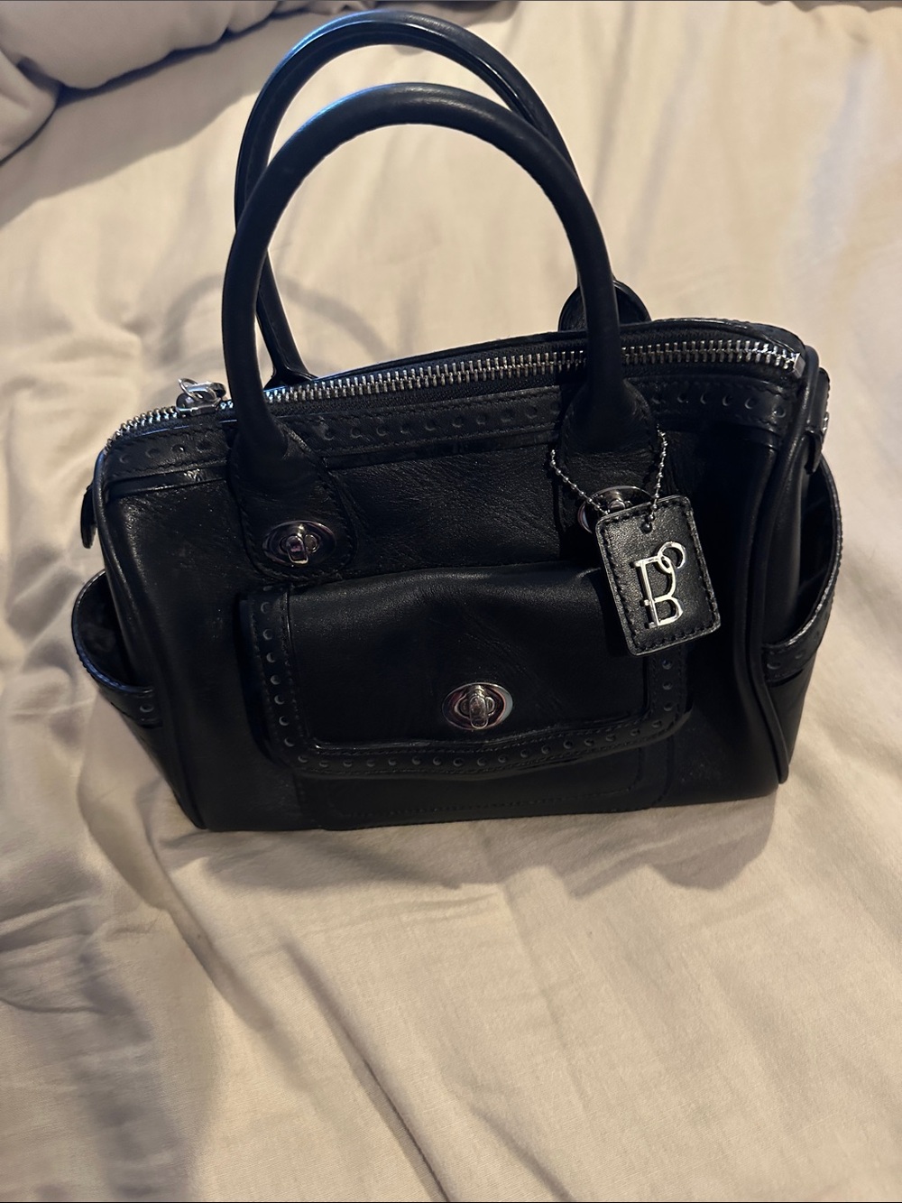 Black  Italian Leather Satchel Tote with Branded Monogram Tag